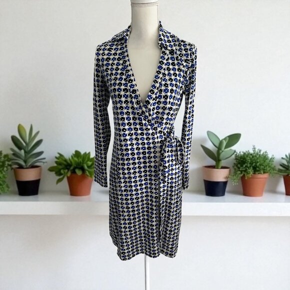 DIANE VON FURSTENBERG DVF Printed Collared Wrap Dress Size 6 - Picture 1 of 10